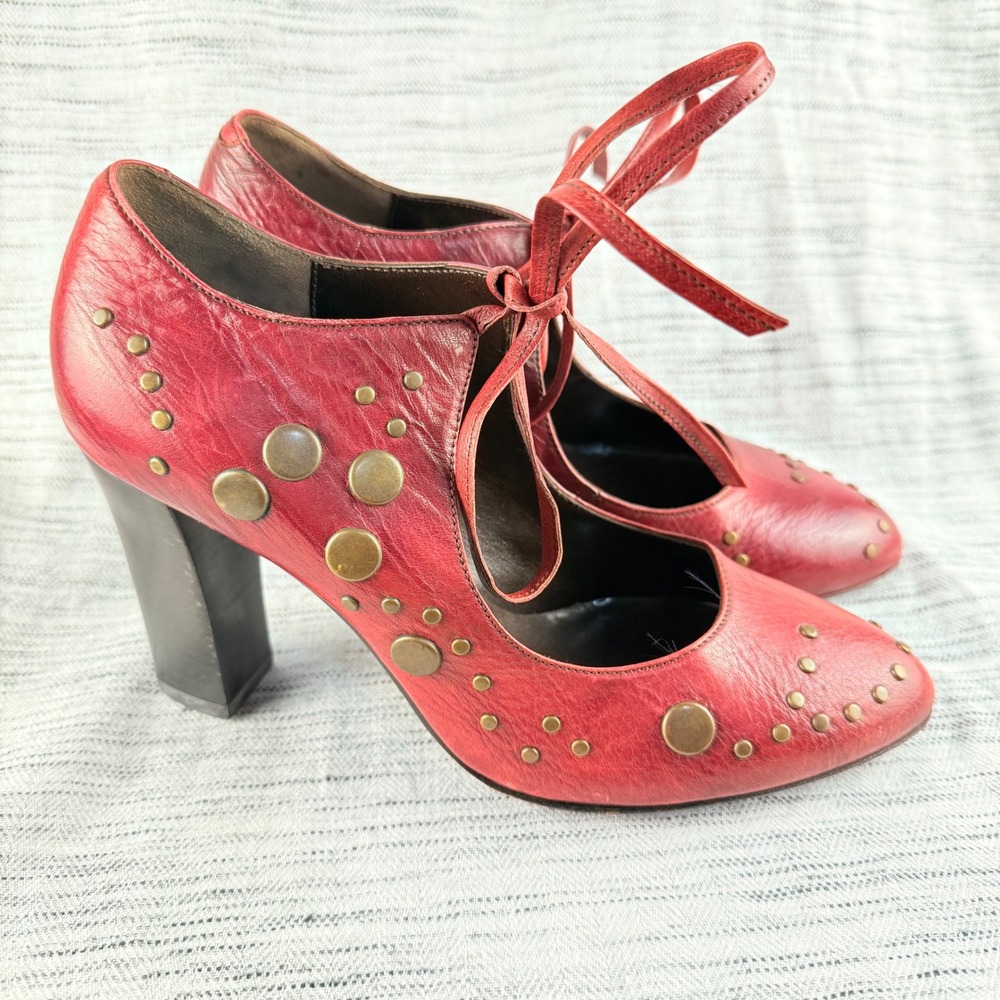 NEW Patrick Cox Vintage Red Leather Studded Heels‎ Size 5.5 Y2K Retro Mary Jane